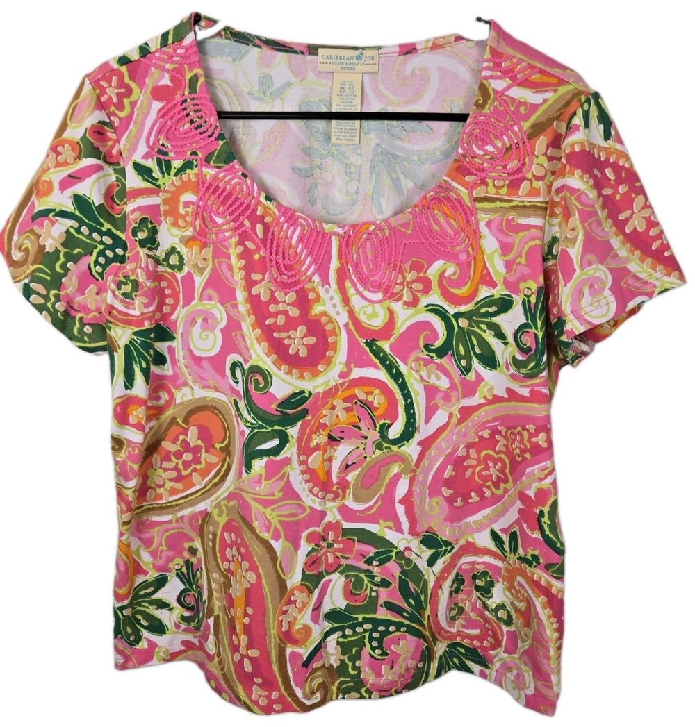 Caribbean Joe Tropical Floral V NECK Petite XL EMBROIDERED RESORTWEAR TROPICAL